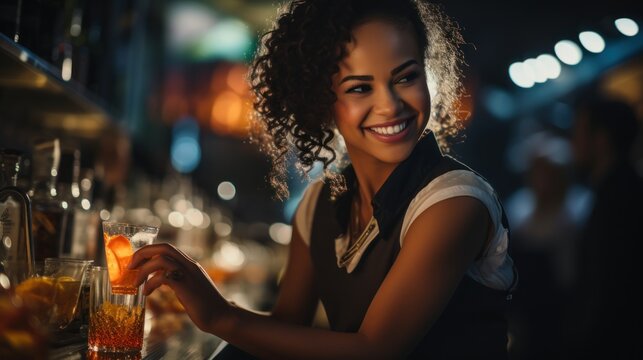 A cheerful woman enjoys a beverage at the illuminated bar with a warm ambiance