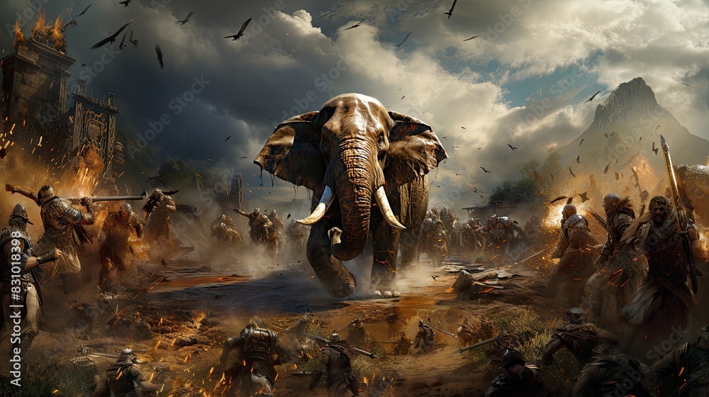 Wall mural A dramatic depiction of an intense battle featuring a giant elephant in an ancient setting