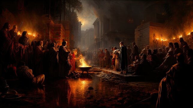 A dark and atmospheric depiction of a nighttime ritual ceremony in an ancient civilization