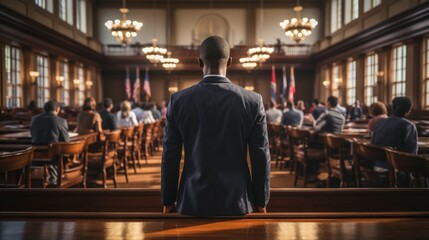 A solemn man standing in a courtroom, facing the audience, embodies the gravity of legal proceedings