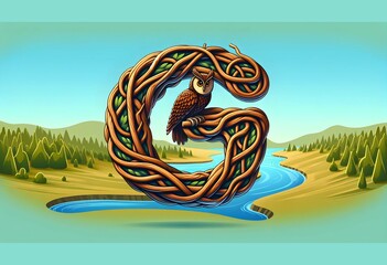 Letter G made of intertwined branches, with a perched owl and a river meandering in the background
