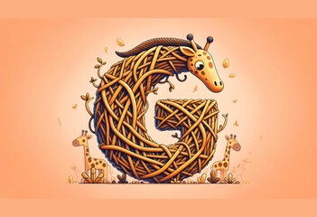 A letter G made of intertwined branches with a giraffe and a pink background