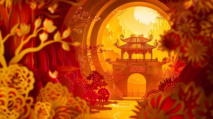 Obraz premium Red and yellow traditional style architectural paper cut poster background