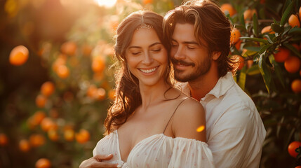 A married couple is expecting a baby, while the husband caresses the belly of his pregnant woman. A handsome man touches his girlfriend's stomach and feels the baby moving.