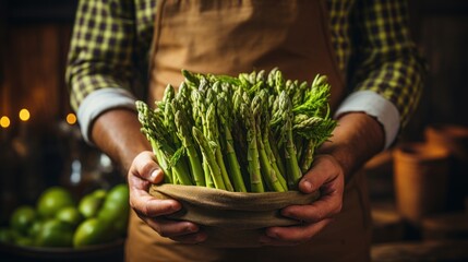 The image features a man holding a bunch of fresh, green asparagus in a rustic kitchen setting, suggesting healthy eating - Powered by Adobe