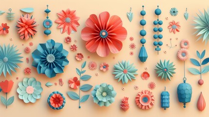 Design an illustration showcasing handmade crafts. Depict small crafted items such as paper flowers, beaded jewelry, and knitted pieces arranged neatly. Use a minimalist style with clean lines and a