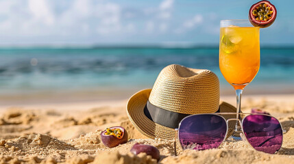 A peaceful beach scene showcasing a straw hat, a passionfruit cocktail, and stylish aviator sunglasses on the sand