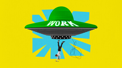 Contemporary art collage. Young man in formal attire want to rest but huge UFO with inscription work pulls in him. Concept of business, job, ideas, startup, study and progress. Abstract artwork.