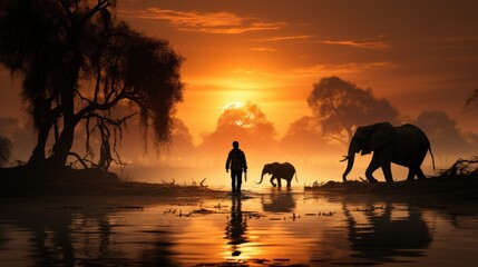 A tranquil scene with a man and elephants silhouetted against an African sunset reflecting on water