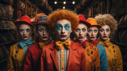 A group of performers in clown costumes and makeup displaying a range of dramatic expressions
