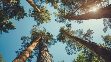 Pine tree tops captured from below on a sunny day in the summer forest
