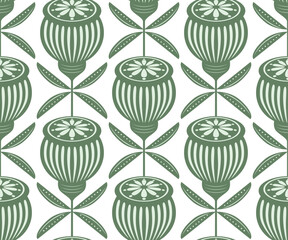 retro art deco mid century modern mid mod style poppy pods plant flower blooms in sage green and white colors Seamless Pattern