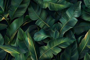Tropical seamless pattern with dark green palm banana leaves. Glamorous exotic photo realistic background design. Good for luxury wallpapers, cloth, fabric printing, goods