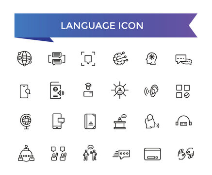 Language icon collection. Related to communication, translate, speech, non-verbal, writing, speaking, dictionary, text, language skills and vocabulary icons .