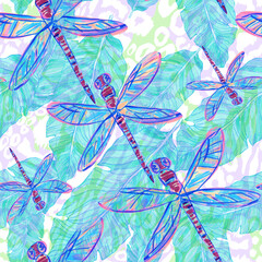 Floral seamless watercolor pattern with dragonflies and leaves