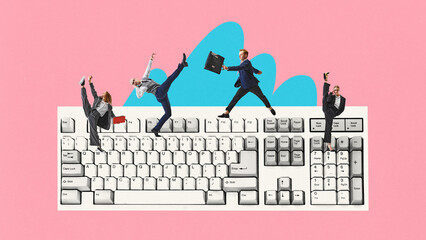 Contemporary art collage. Business people stands on computer keyboard and working in team. Cooperation. Concept of business, job, ideas, startup, study and progress. Abstract artwork.