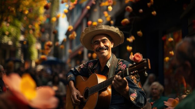 A smiling man in traditional attire playing guitar, surrounded by festivities with an appreciative audience