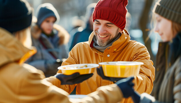 A community volunteer handing out warm meals to those in need, sharing a smile and kind words to uplift their spirits, with copy space