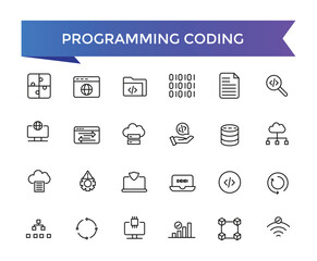 Programming coding icon collection. Software development icon collection. Programmer and developer symbol vector illustration set.