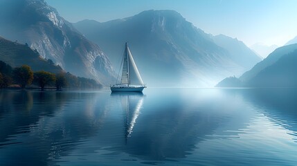 Minimalist Sailboat Drifting Across Calm French Lake with Mountain Reflections