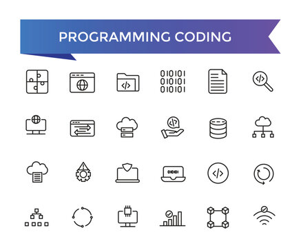 Programming coding icon collection. Software development icon collection. Programmer and developer symbol vector illustration set.