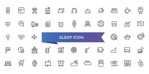 Sleep icon collection. Related to sleeping, bedroom, dream, pillow, bed, alarm clock, insomnia, night, rest and sleep disorders icons. Line icon set.