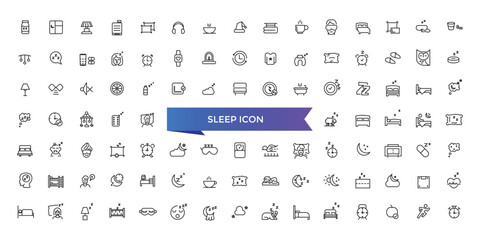 Sleep icon collection. Related to sleeping, bedroom, dream, pillow, bed, alarm clock, insomnia, night, rest and sleep disorders icons. Line icon set.