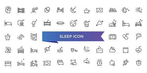 Sleep icon collection. Related to sleeping, bedroom, dream, pillow, bed, alarm clock, insomnia, night, rest and sleep disorders icons. Line icon set.