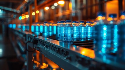 Bottles of water moving on a conveyor belt in a factory. - Powered by Adobe
