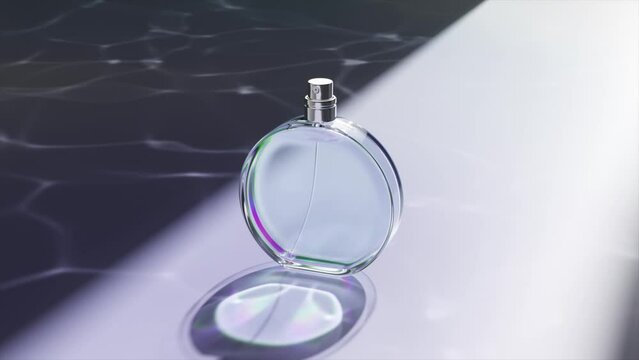 3D rendering of a sleek perfume bottle illuminated by aqua light on a reflective surface with a soft shadow