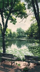 Fototapeta premium A tranquil park scene captured in minimalist digital artwork. The park features a calm lake with lily pads, a couple of benches under shady trees, and a clear sky. The simplicity of the design