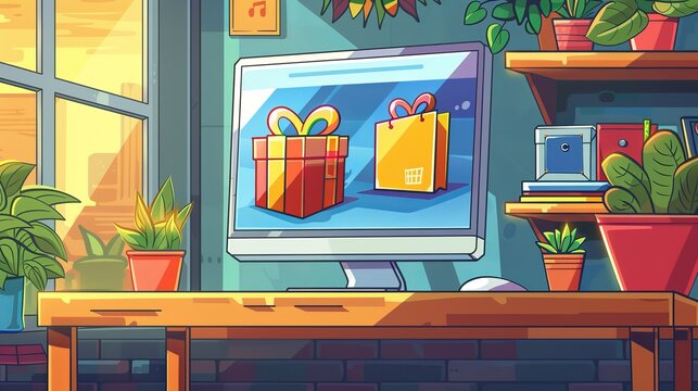 Cartoon vector of an online shopping scene, with a computer screen showing big sale discounts and customers placing orders cartoon Vector Illustration Generative AI