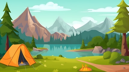 Vector camping tent in the forest.Summer camp with bonfire, tent, backpack . cartoon landscape with mountain, forest and campsite.