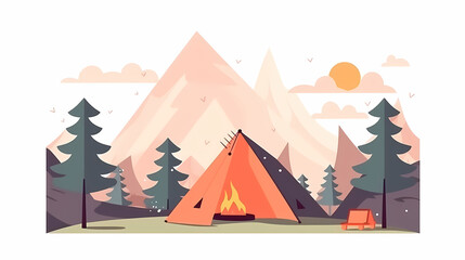 Vector camping tent in the forest.Summer camp with bonfire, tent, backpack . cartoon landscape with mountain, forest and campsite.