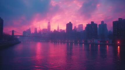 Naklejka premium Colorful lights emerging from Manhattan city at dusk.