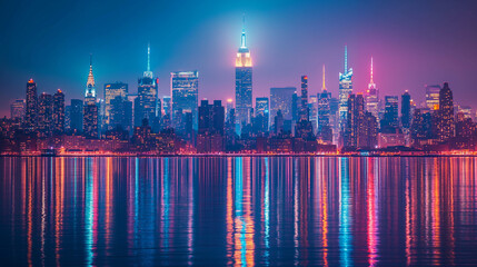 Fototapeta premium Colorful lights emerging from Manhattan city at dusk.