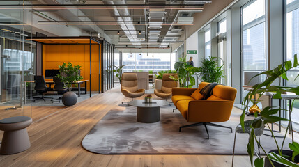 an office waiting area with multiple chairs and couches arranged on a wooden floor.