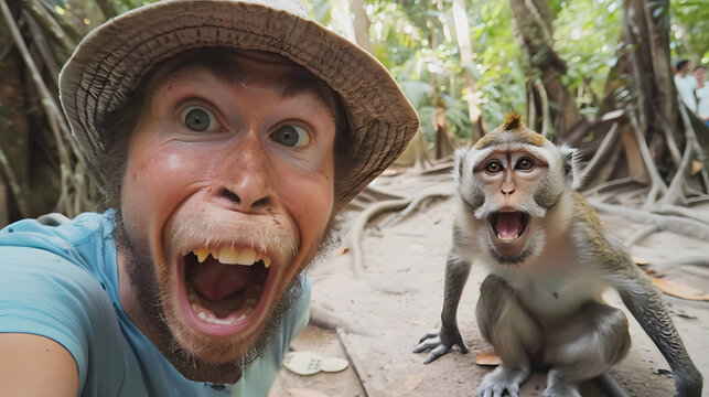 monkey with silly face selfie with a tourist man