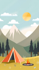 Vector camping tent in the forest.Summer camp with bonfire, tent, backpack . cartoon landscape with mountain, forest and campsite.