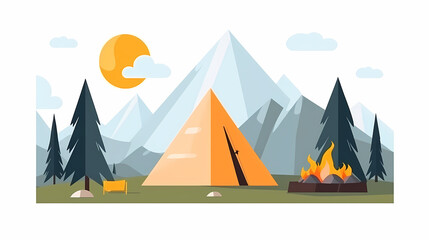 Vector camping tent in the forest.Summer camp with bonfire, tent, backpack . cartoon landscape with mountain, forest and campsite.