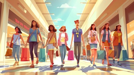 Animated scene with diverse shoppers carrying bags and boxes labeled with sale tags in a busy mall cartoon Vector Illustration Generative AI