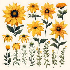 set of Rudbeckia, plants, leaves and flowers. illustrations of beautiful realistic flowers for background, pattern or wedding invitations