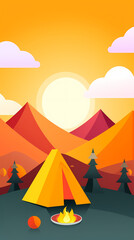 Vector camping tent in the forest.Summer camp with bonfire, tent, backpack . cartoon landscape with mountain, forest and campsite.