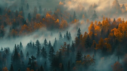 Misty Forest Morning. A mysterious misty forest in the early morning, light beams filtering through dense trees creating beautiful shadows and highlights
