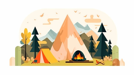 Vector camping tent in the forest.Summer camp with bonfire, tent, backpack . cartoon landscape with mountain, forest and campsite.