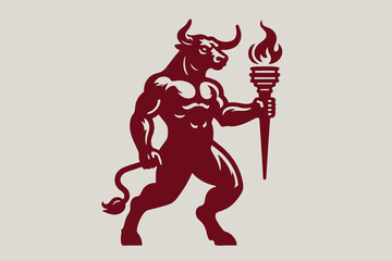 Minotaur. Mythical creature of ancient Greece. Bull man. Torch with fire. logo, emblem, sign