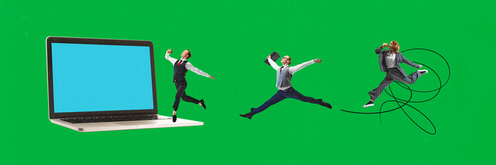 Contemporary art collage. Young people running to laptop against green background. Hybrid work...
