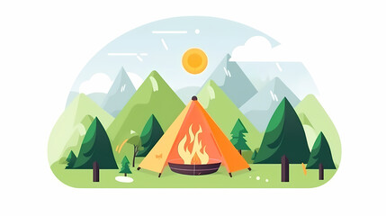 Vector camping tent in the forest.Summer camp with bonfire, tent, backpack . cartoon landscape with mountain, forest and campsite.