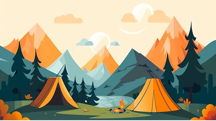 Vector camping tent in the forest.Summer camp with bonfire, tent, backpack . cartoon landscape with mountain, forest and campsite.