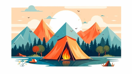 Vector camping tent in the forest.Summer camp with bonfire, tent, backpack . cartoon landscape with mountain, forest and campsite.